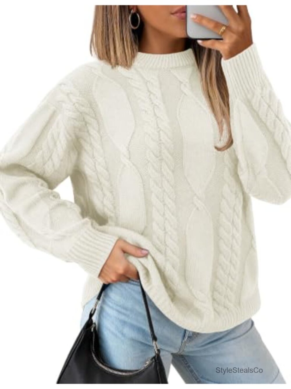 Womens Cable Knit Pullover Sweater Crewneck Long Sleeve Loose Fit